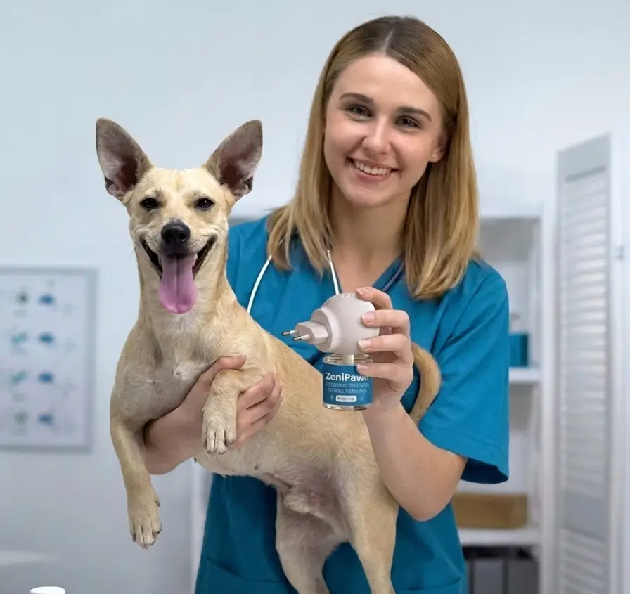 Rustige hond naast de ZeniPaws diffuser